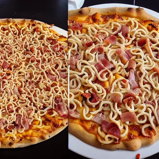 Prompt: ramen noodle and ham pizza with whipped bbq and bacon topping