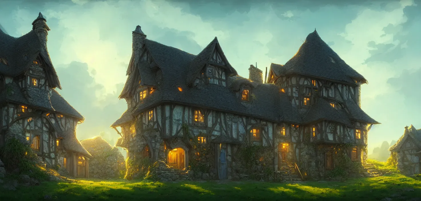 Prompt: an illustration of the small medieval fantasy house in a town and beautiful blue sky scenery, cinematic view, epic sky, detailed, concept art, low angle, high detail, warm lighting, volumetric, godrays, vivid, beautiful, trending on artstation, by jordan grimmer, huge scene, grass, art greg rutkowski