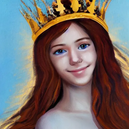 Prompt: young smiling teen queen with long golden hairs in golden crown, very white pale, blue eyes, painting by Beksinsk