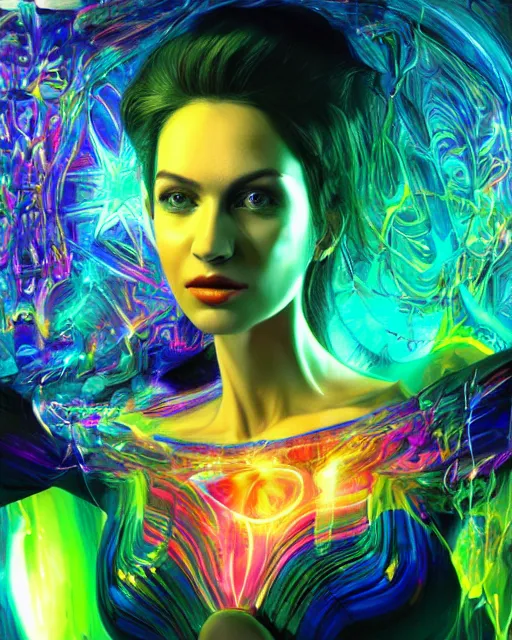 Image similar to a powerful energy psychedelic matrix woman, by alexander fedosav, hyper detailed digital matte painting, concept art, hyperrealism, 1 6 k resolution, cinema 4 d, 8 k resolution, trending on artstation, behance hd, a masterpiece, by stephan martiniere, particles, cel - shaded, power bright neon energy, by david a. hardy,