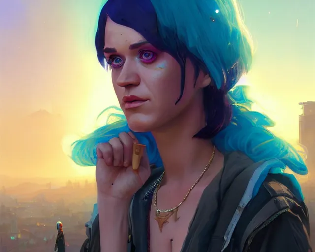 Prompt: Highly detailed portrait of homeless cyborg Katy Perry, in GTA V, Stephen Bliss, unreal engine, fantasy art by Greg Rutkowski, Loish, Rhads, Makoto Shinkai and Lois van baarle, ilya kuvshinov, rossdraws, Tom Bagshaw, global illumination, radiant light, detailed and intricate environment