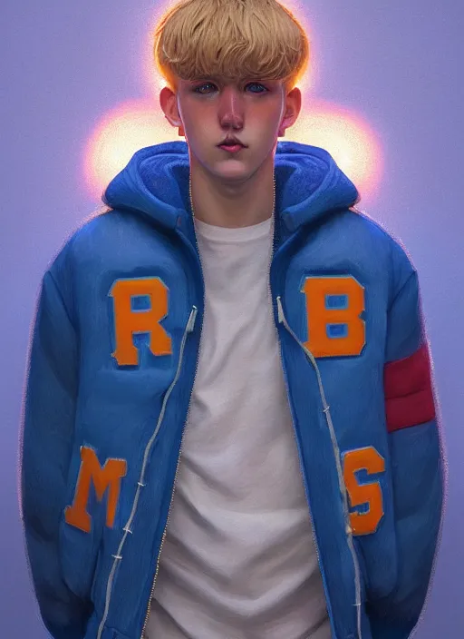 Image similar to portrait of high school senior boy named big moose, blonde short hair, jock, beefy, wide face, square jaw, square facial structure, blue varsity jacket with letter r, intricate, elegant, glowing lights, highly detailed, digital painting, artstation, concept art, sharp focus, illustration, art by wlop, mars ravelo and greg rutkowski