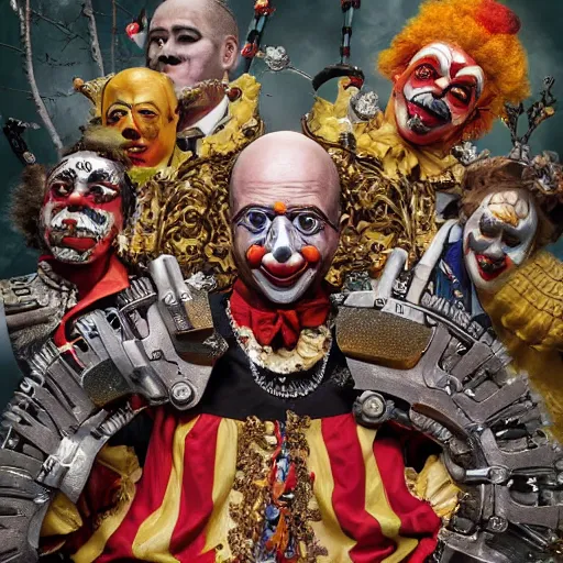 Prompt: UHD hyperrealistic impressive photo of Klaus Schwab juggling chainsaws, dressed as emperor, wearing bizarre clown makeup, correct face, accurate face, intricate clown makeup, ornate attire, regal clown costume, by Ayami Kojima, Amano, Karol Bak, Greg Hildebrandt, and Mark Brooks, by Antonio Caparo and Ferdinand Knab and Greg Rutkowski UHD photorealistic trending on artstation