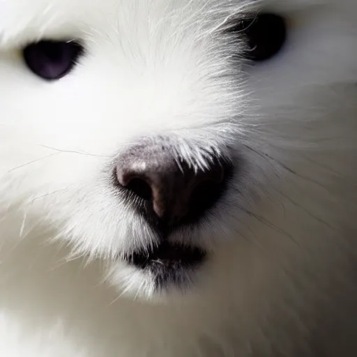 Prompt: cute white furry fluffy animal face, closeup photo