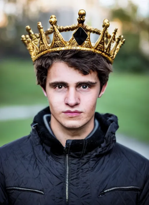 Prompt: a personal close up portrait of a 2 1 year old man from switzerland, wearing a royal crown, his hair is brown and short, his eyes are green, his face is symmetric and friendly, he's proud to be where he is in life, black jacket, ambient light, beautiful composition, magazine photography, full frame, 5 0 mm, f 1. 8