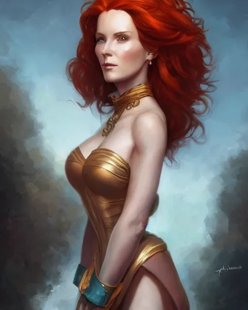 Image similar to a stunning portrait of triss merigold as queen, digital art by julie bell and artgerm and ross tran and angel ganev, medium shot portrait, highly detailed, trending on artstationhq