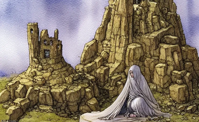 Image similar to a realistic and atmospheric watercolour fantasy concept art of a golden ufo landing on top of a megalithic ruin. female medieval monk in grey robes kneeling with her hands by her sides. by rebecca guay, michael kaluta, charles vess and jean moebius giraud