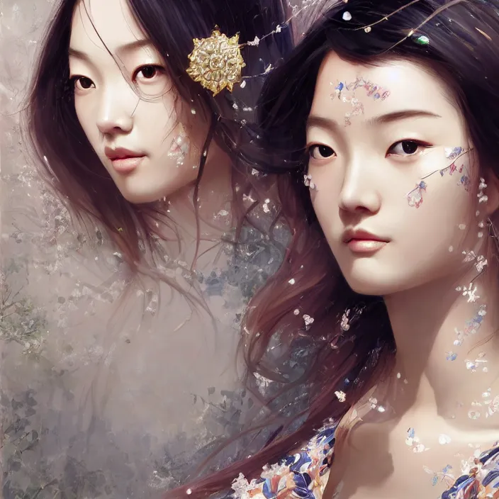 Image similar to a beautiful young charming asian goddess with sundress + jewelry + shinny eyes | | winter, symmetric, realistic shaded, unpleasant face, good looking, fine details, dior, lv, realistic shaded lighting poster by greg rutkowski, macoto takahashi, magali villeneuve, artgerm, jeremy lipkin and michael garmash