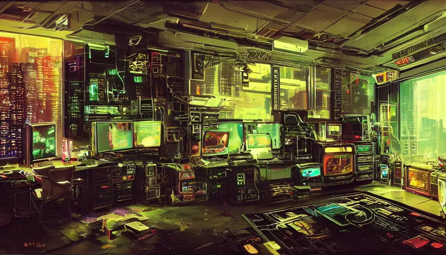 Prompt: A highly detailed rendering of a Cyberpunk hackers bedroom which has sophisticated hi-tech computers surrounded by messy cables, soft neon lighting, reflective surfaces, sci-fi concept art, by Syd Mead, highly detailed, oil on canvas