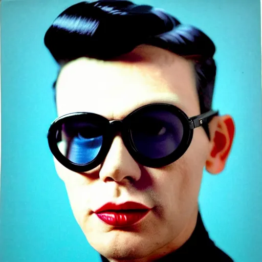 Image similar to Colorized Stylistic Portrait of Andy Warhol with shutter shades and a high top fade pompadour fade short hairstyle, taken in the 1970s, photo taken on a 1970s polaroid camera, grainy, real life, hyperrealistic, ultra realistic, realistic, highly detailed, epic, HD quality, 8k resolution, body and headshot, film still, front facing, front view, headshot and bodyshot, detailed face, very detailed face