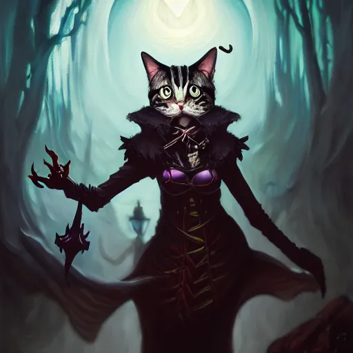 Prompt: Oil Painting of Cat Witch, Anthropomorphized, evil, magic the gathering artwork, horror, D&D, fantasy, cinematic lighting, centered, symmetrical, highly detailed, digital painting, artstation, concept art, smooth, sharp focus, illustration, volumetric lighting, epic Composition, 8k, art by Akihiko Yoshida and Greg Rutkowski and Craig Mullins, oil painting, cgsociety