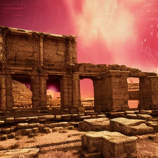 Image similar to Ancient ruins in the desert,retrowave, epic dramatic digital art,trending