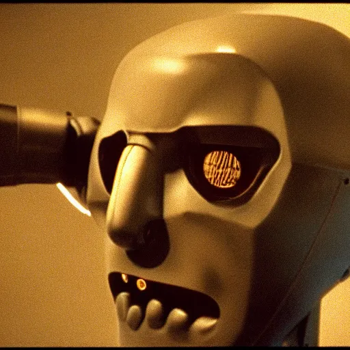Prompt: movie scene of a man with a robot head screaming, movie still, cinematic composition, cinematic light, criterion collection, reimagined by industrial light and magic, Movie by David Lynch and andrzej zulawski