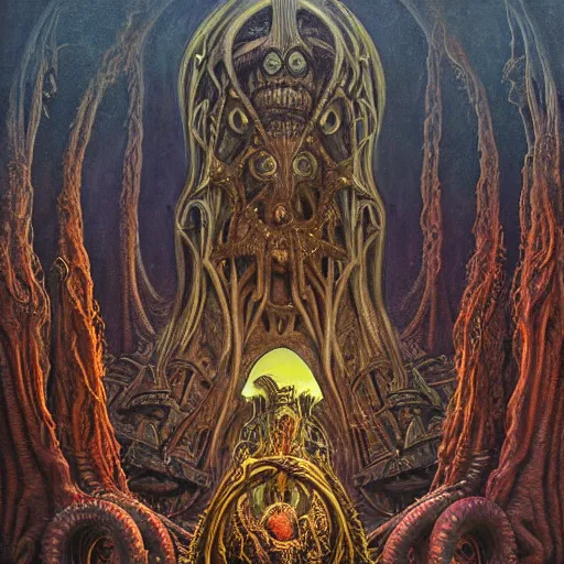 Image similar to monstrous and twisted cathedral with a statue to a many eyed, veiny and four armed cthulhu, slimy tentacles twisting in lotus position. in the style of hr giger and zdzisław beksinski and frank frazetta. golden hour, gloomy. biomechanical oil painting horror gothic hyperrealistic detail