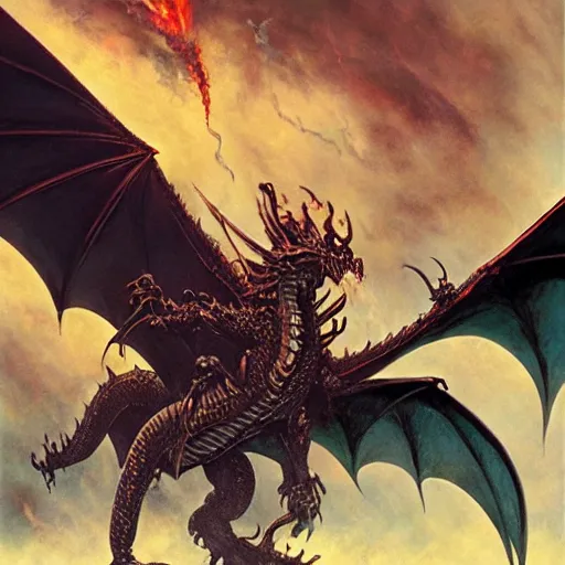 Image similar to flying black dragon spitting acid, d & d, fantasy, greg rutkowski, frank frazetta, alexandre chaudret, boris vallejo, michael whelan, miro petrov, hr giger, magali villeneuve, donato giancola