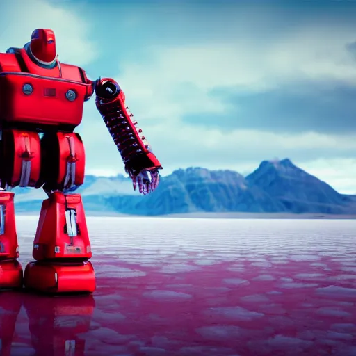 Image similar to a very, very, very, very, very, very, big, giant shiny robot made out of red retro refrigerators walking on an icy salt flats, dark mountains in the distance, octane render, unreal engine, sharp, daylight, shiny, shiny, shiny, trending in artstation, highly detailed, 4K UHD