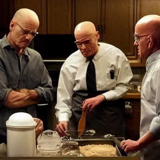 Prompt: “Very photorealistic screenshot of Joe Biden and Walter White cooking drugs in an episode of Breaking Bad, atmospheric lighting, award-winning”