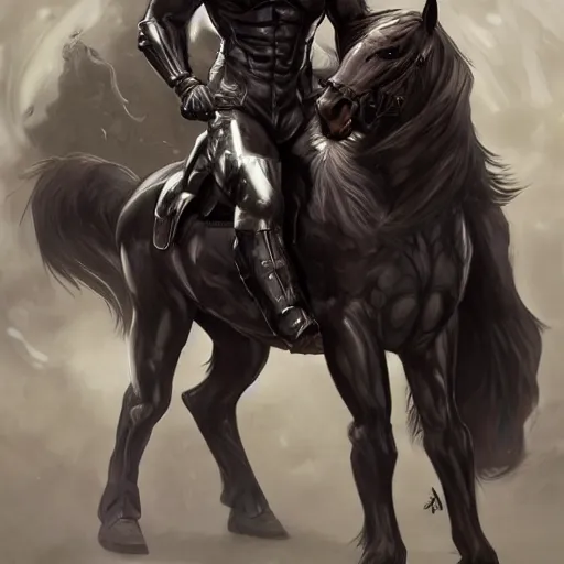 Image similar to splash art of a super buff black - coated anthropomorphic horse character wearing a leather combat suit, long hair, exaggerated muscles, highly detailed, furry, furaffinity, digital painting, full body, artstation, sharp focus, illustration, art by artgerm, greg rutkowski, alphonse mucha
