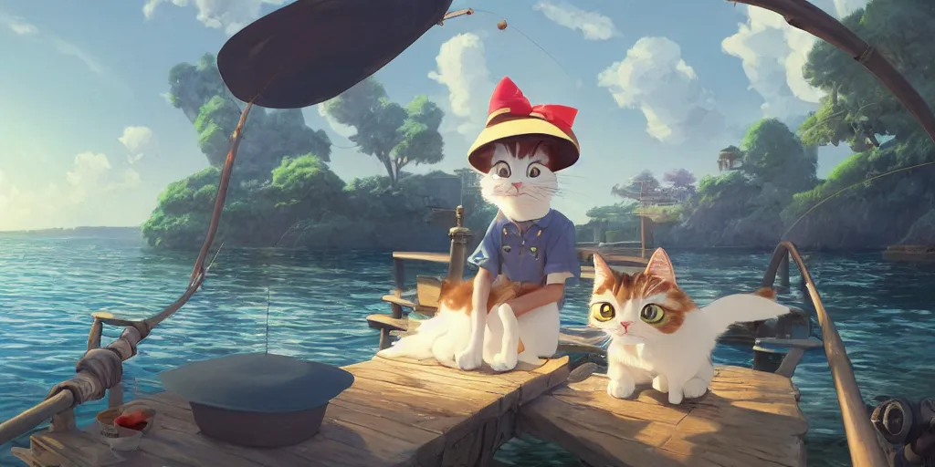 Image similar to a wholesome animation key shot of a cute cat on a fishing boat wearing a sunhat, studio ghibli, pixar and disney animation, sharp, rendered in unreal engine 5, anime key art by greg rutkowski, bloom, dramatic, dynamic lighting