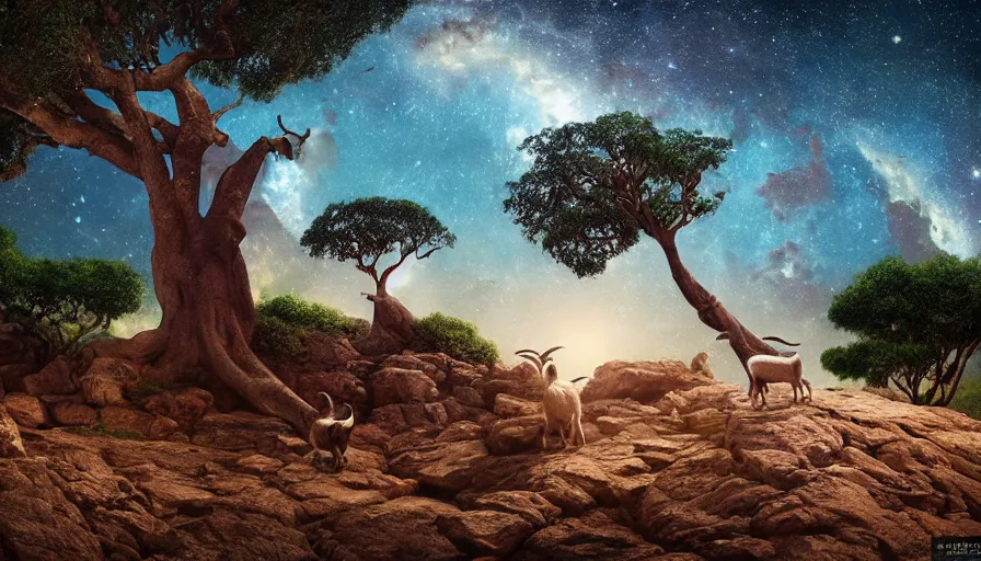 Image similar to very very small goat, sitting on a gigantic banyan tree in moonlit socotra island by ilya kuvshinov, starry night, rtx rendering, octane render 1 2 8 k, maya, extreme high intricate details by tom bagshaw, medium shot, close up shot, composition by sana takeda, lighting by greg rutkowski