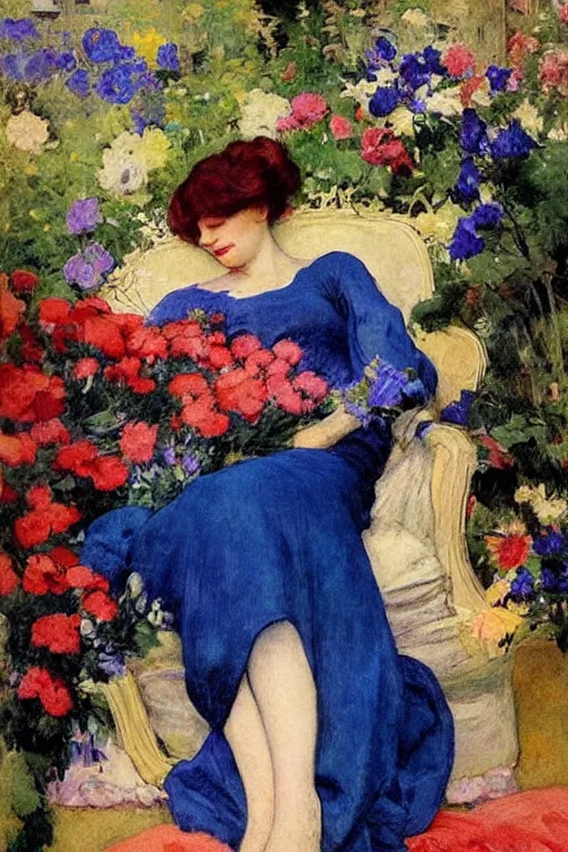Prompt: european woman in a gown laying on couch surrounded by colorful flowers, bloom flowers, modern, eclectic, illustration, by ramon casas
