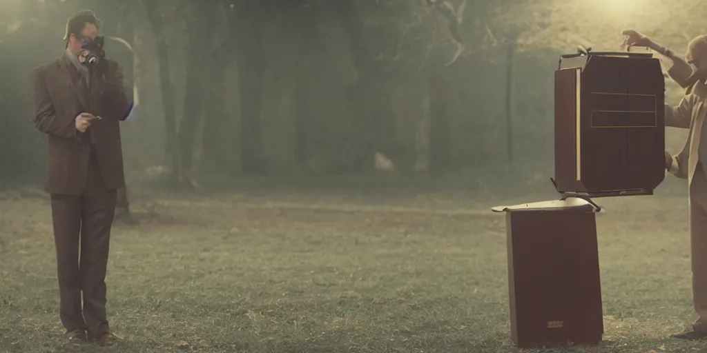 Image similar to a man in a brown suit holding a homemade time machine, cinematic, 5 0 mm lens, dramatic lighting, shot on arri alexa, filmic