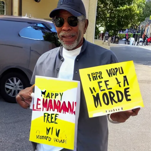 Image similar to happy morgan freeman selling free lemonade