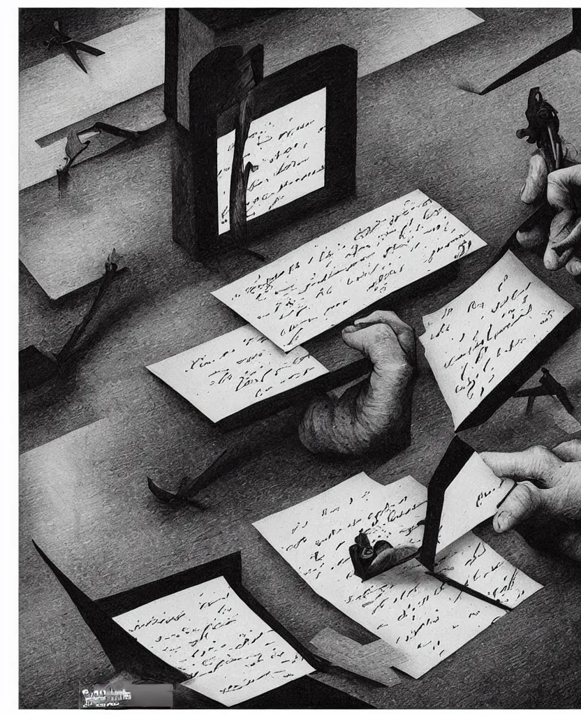 Image similar to stop motion movie frames representing a painting of a hand writing a letter, war in background, stop motion, minimal, black and white, designed by escher