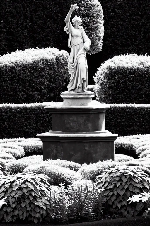 Image similar to A black and white garden with a red statue