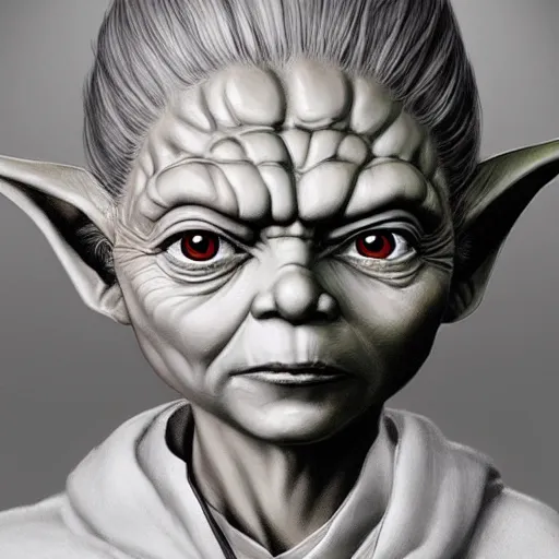 Image similar to yoda, female, jedi master, wearing the traditional jedi robe, beautiful and uniquely odd looking, detailed symmetrical close up portrait, intricate complexity, in the style of artgerm and ilya kuvshinov, magic the gathering, star wars art,