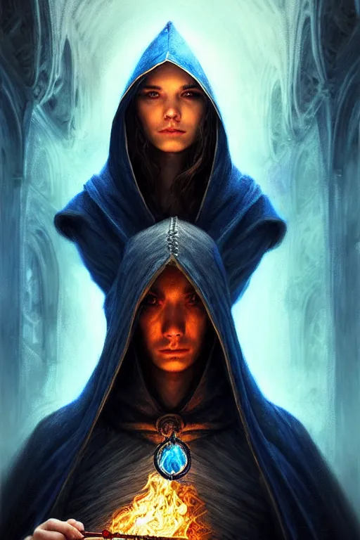 Image similar to Front portrait of a hooded mage hold a blue fire and detailed staff, full body, fine art, awesome fantasy book cover on Pinterest, award winning, dark fantasy landscape, fantasy magic, intricate, elegant, sharp focus, cinematic lighting, highly detailed, digital painting, concept art, art by WLOP and Artgerm and Greg Rutkowski, masterpiece, trending on artstation, 8K