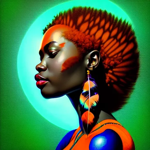 Image similar to centered chiaroscuro girlboss portrait of african goddess of nature, symmetrical face, iridescent feathers 3 d subsurface scattering, character concept art in hues of blue - green and red - orange, by artgerm