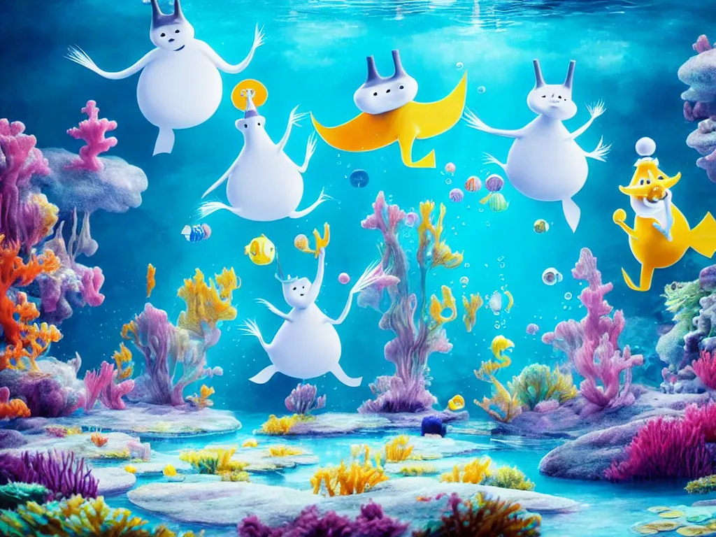 Image similar to underwater moomins discovering the water planet looking at many colorful fishes in the background, photorealistic painting, cgi, low volumetric light, movie still, very cute and cozy and fluffy and sweet