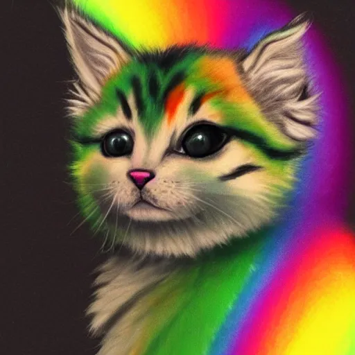 Image similar to wide angle full body, of a fluffy cute rainbow kitten wearing a black motorcycle jacket, concept art