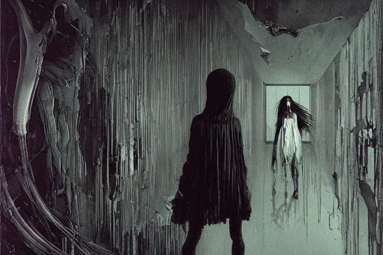 Prompt: vertical movie frame portrait of girl with head wrapped in gauze, inside childhood bedroom, ominous backrooms at distance seen through big broken shattered mirror, giger interior design, architectural design, vintage, liminal aesthetic, dreamcore, weirdcore, clean lines, wide angle, by wayne barlowe, tsutomu nihei, zdzislaw beksinski,