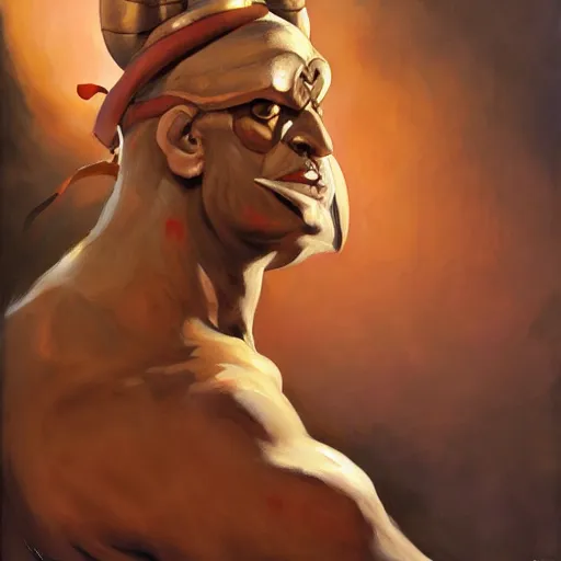 Image similar to greg manchess portrait painting of partially armored dhalsim from street fighter as overwatch character, medium shot, asymmetrical, profile picture, organic painting, sunny day, matte painting, bold shapes, hard edges, street art, trending on artstation, by huang guangjian and gil elvgren and gerald brom