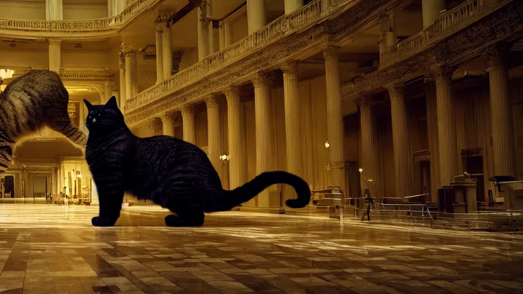 Image similar to the giant cat in city hall, film still from the movie directed by denis villeneuve and david cronenberg with art direction by salvador dali, wide lens