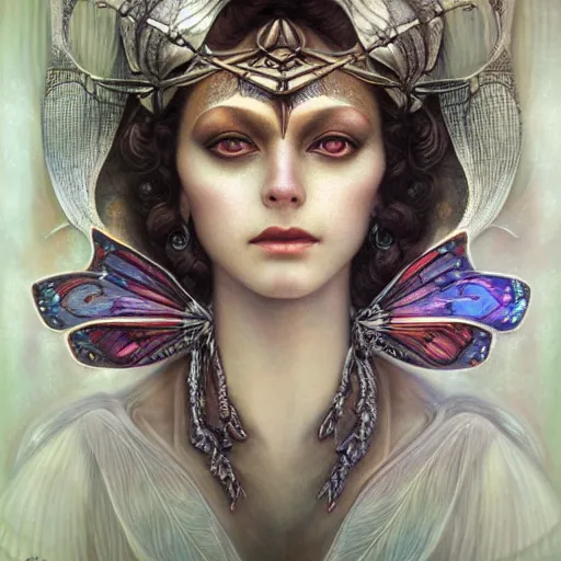 Image similar to beautiful closeup portrait of an art deco faerie queen, glowing eyes. reflective detailed textures, moth wings, highly detailed dark fantasy science fiction painting by tom bagshaw and diego rivera and annie swynnerton and jean delville, elaborate geometric ornament, ancient runes, silver and cool colors. artstation