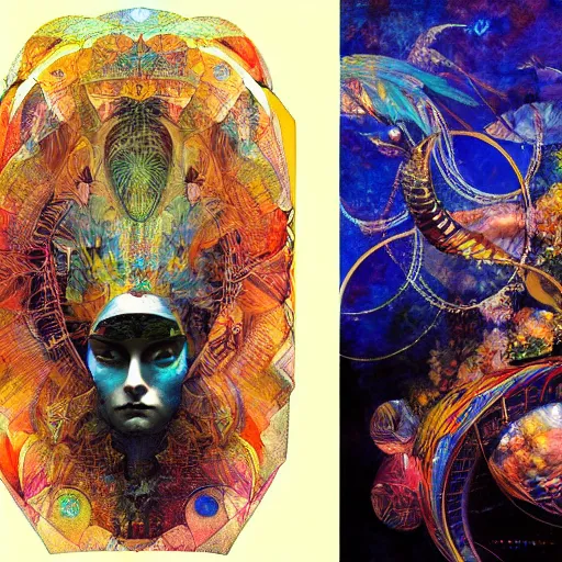 Image similar to visionary art of a transcendental voyage by android jones, collage artwork by dave mckean and yoshitaka amano