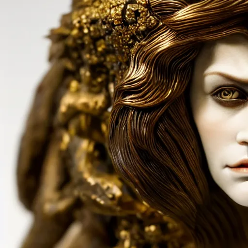 Image similar to photo taken of an epic intricate, ultra detailed, super realistic bust of a majestic gracious regal aristocratic brunette female vampire created by weta workshop, menacing, some zoomed in shots, photorealistic, sharp focus, white wall, extremely cold blueish colour temperature, 3 5 mm, f 1. 4, golden ratio