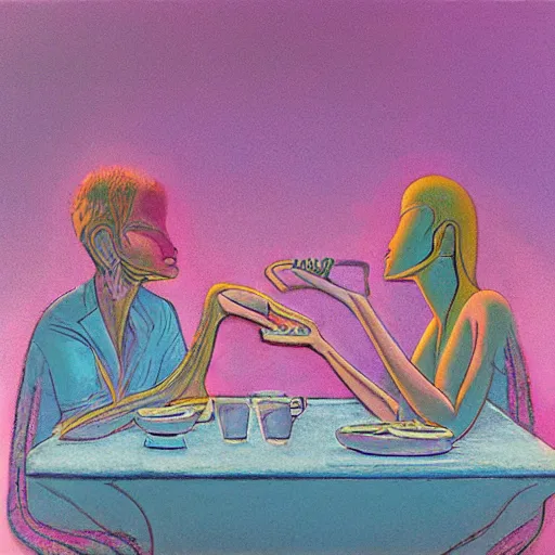 Prompt: abstract figurative art, lovers eat, moebius, dreamy, muted, pastel colors