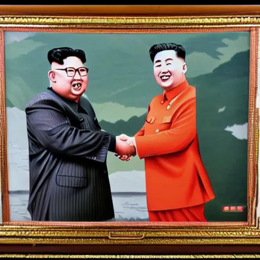 Image similar to photograph of kim jong - un, and joseph stalin, shaking hands with each other in pyongyang, 8 k, very detailed, very intricate, colored,
