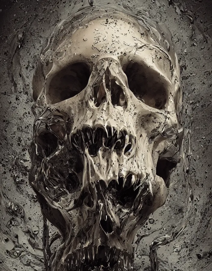 Image similar to portrait of a melting skull. intricate abstract. sharp teeth. delicate artwork. by Tooth Wu, wlop, beeple, dan mumford. octane render, trending on artstation, greg rutkowski very coherent symmetrical artwork. cinematic, hyper realism, high detail, octane render, 8k, depth of field, bokeh. chrome accents.