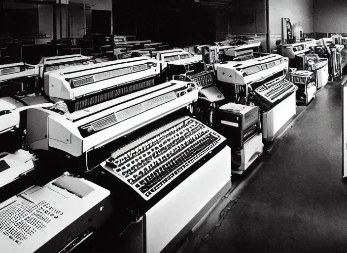 Prompt: analog data processing plant, with retro matrix printers rapidly printing lots of sheets of paper, old bakelite téléphones connected to a switch panel and a reel to reel tape machine recording sounds. 1980s computer ad style picture in high contrast color