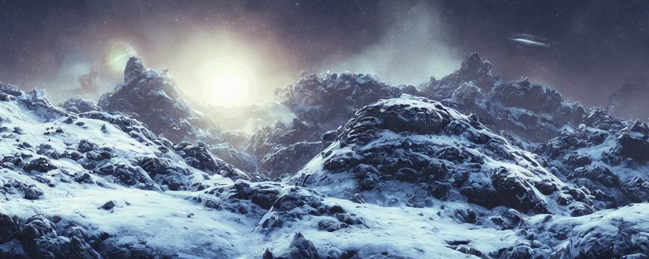 Image similar to ” outer planet with a rugged extremely high snow topped mountain range, [ art by paul lehr, cinematic, detailed, epic, widescreen, opening, establishing, mattepainting, photorealistic, realistic textures, octane render ] ”