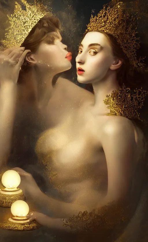 Prompt: ariadne, desire and duality, masterpiece close to a candle in dark room, cinematic, powerful, moon beams dramatic light, highly, intricate gold elements, hollow souls, detailed, digital painting, artstation, concept art, sharp focus, graphlex, dof, illustration, art by Irakli Nadar, Timofey Stepanov, Dreamy vibe