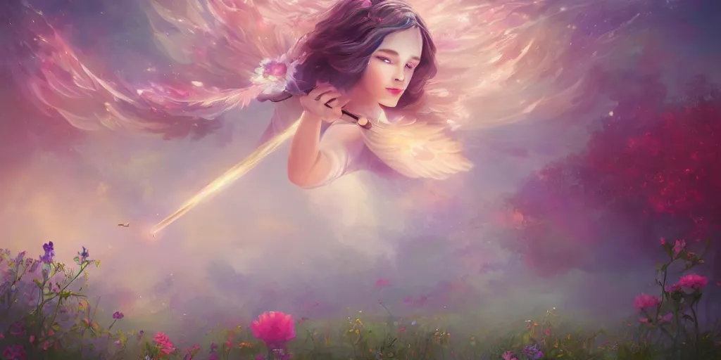 Image similar to An angel with beautiful face shooting luminous arrows with a bow on a country landscape covered with flowers, inspired by Daniela Uhlig and Cyril Rolando, trending on artstation, heavenly colors, volumetric lighting