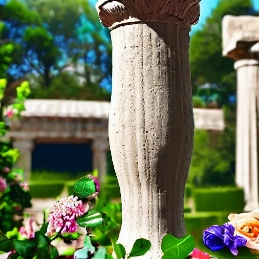 Image similar to studio photo of a ceramic vase, in the shape of an ancient greek temple. with flowers. baroque details. museum. close up photo. bokeh. photorealistic, ultra detailed.