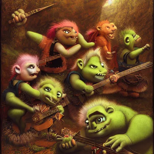 Image similar to trolls playing in a band by justin gerard, deviantart