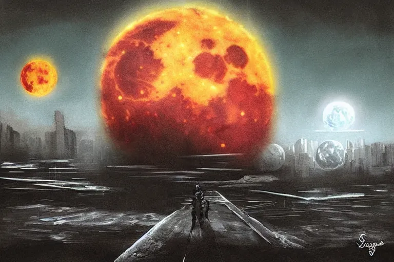 Image similar to Surreal nuclear blast moon eclipse blast, cyberpunk, art by Sandra Pelser